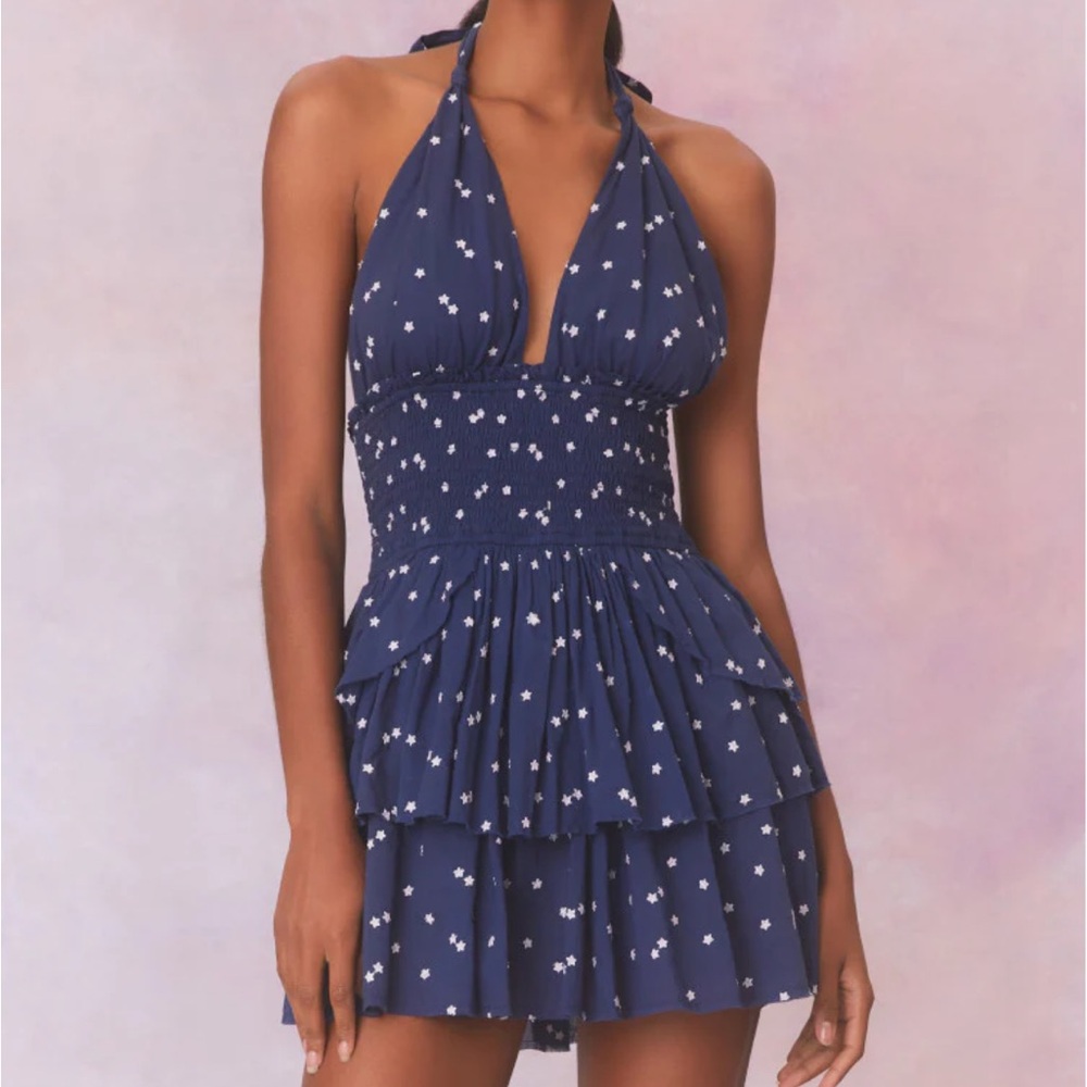 NEW WITH TAGS LoveShackFancy Deanna Star Print Cotton Mini Dress in Navy XS